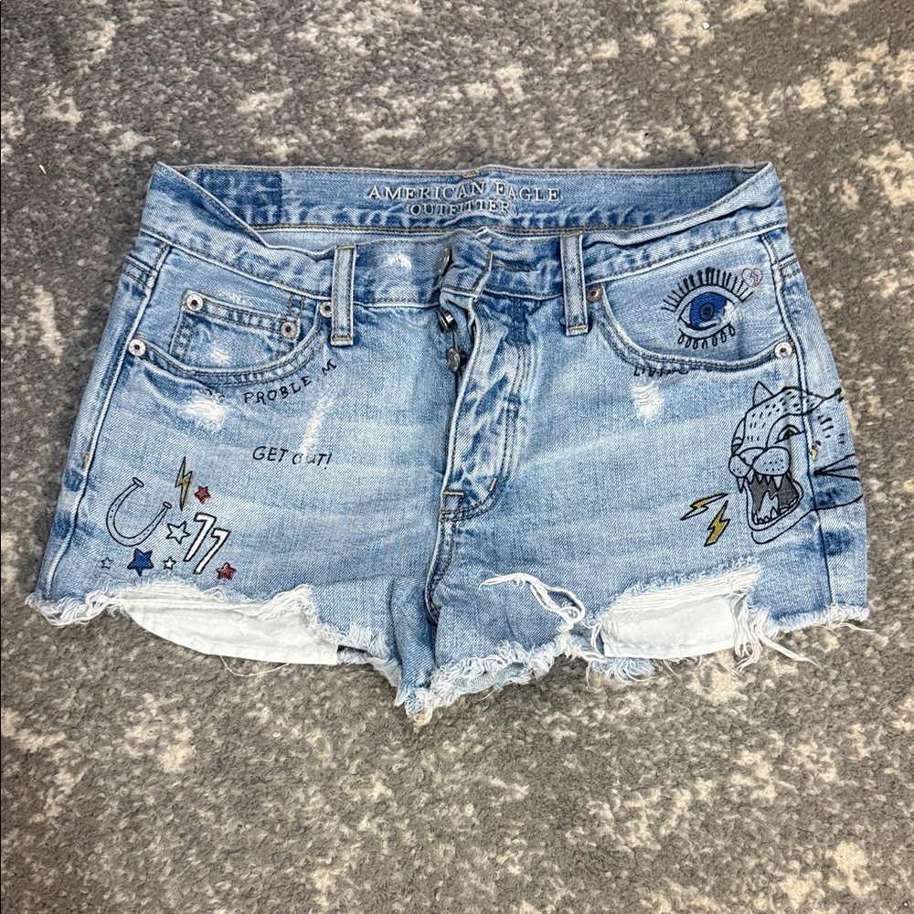 American Eagle Outfitters Light Blue Graphic Jean Shorts